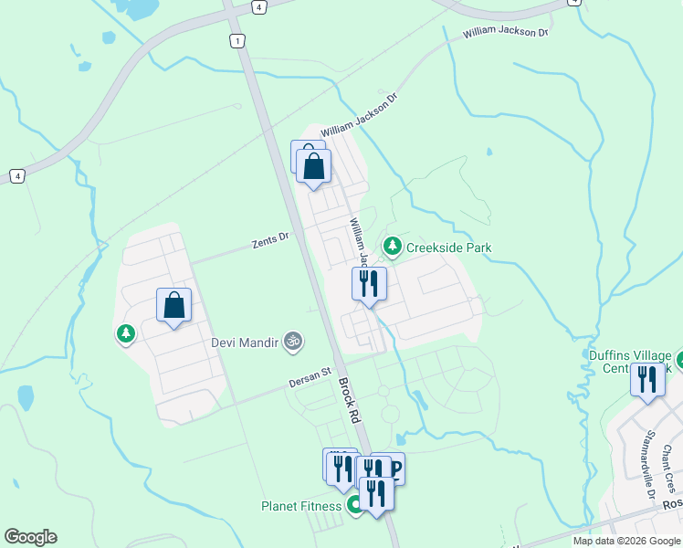 map of restaurants, bars, coffee shops, grocery stores, and more near 2540 William Jackson Drive in Pickering