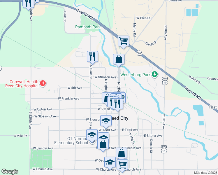map of restaurants, bars, coffee shops, grocery stores, and more near 231 North Higbee Street in Reed City