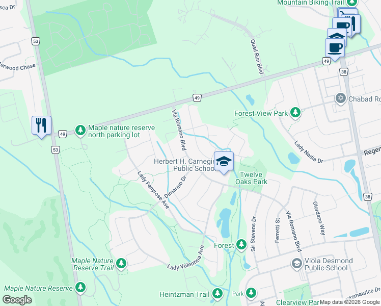 map of restaurants, bars, coffee shops, grocery stores, and more near 651 Via Romano Boulevard in Vaughan