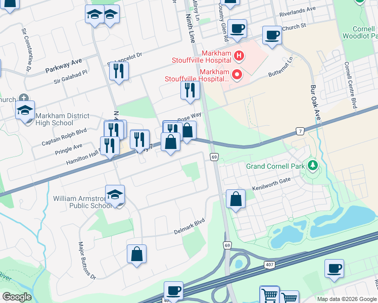 map of restaurants, bars, coffee shops, grocery stores, and more near 69 Senator Reesor's Drive in Markham