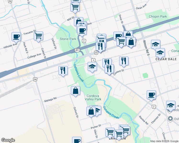 map of restaurants, bars, coffee shops, grocery stores, and more near 730 Cedar Street in Oshawa
