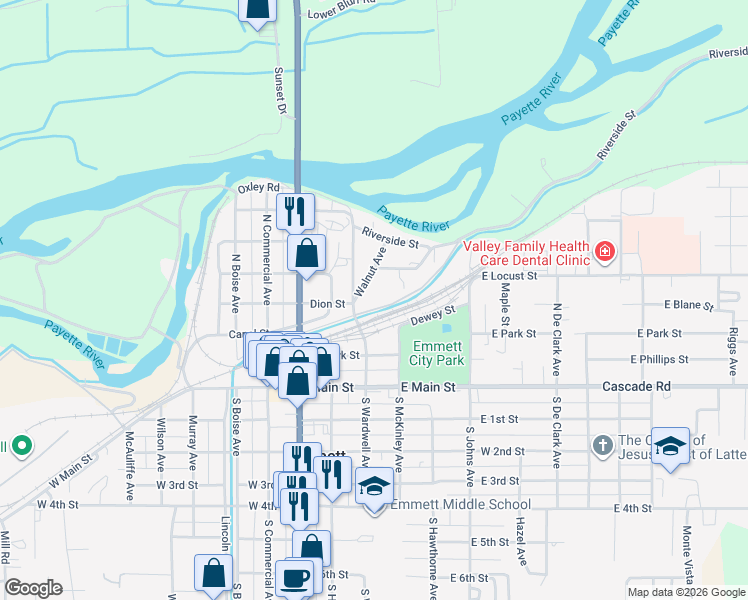 map of restaurants, bars, coffee shops, grocery stores, and more near 400 Walnut Avenue in Emmett
