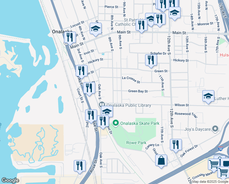 map of restaurants, bars, coffee shops, grocery stores, and more near 610 8th Avenue South in Onalaska
