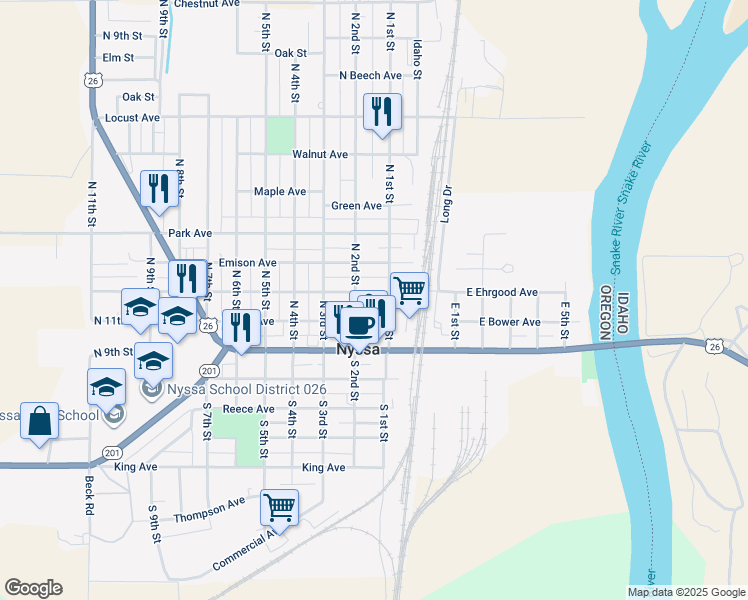 map of restaurants, bars, coffee shops, grocery stores, and more near 101 North 1st Street in Nyssa