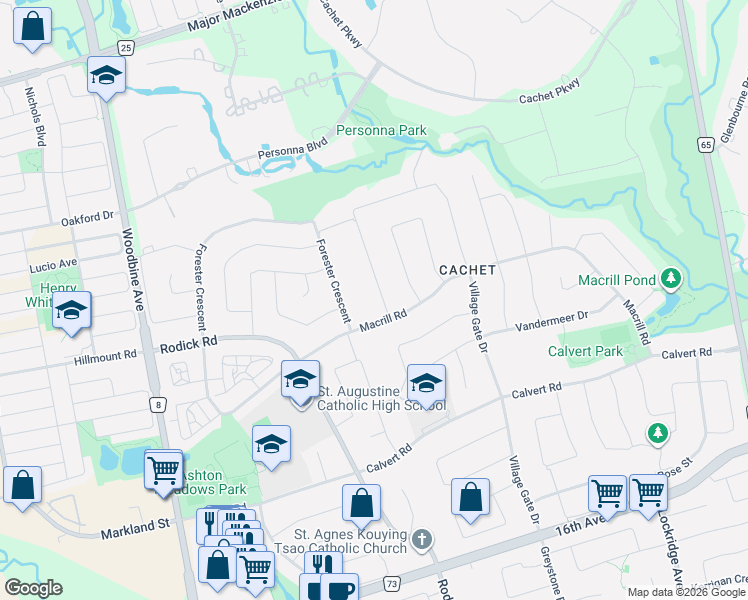 map of restaurants, bars, coffee shops, grocery stores, and more near 106 Forester Crescent in Markham