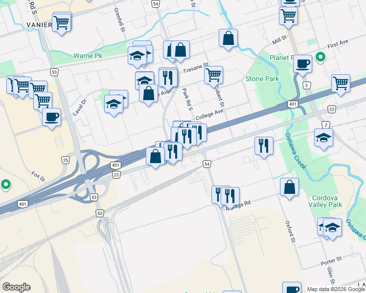 map of restaurants, bars, coffee shops, grocery stores, and more near 310 Bloor Street West in Oshawa