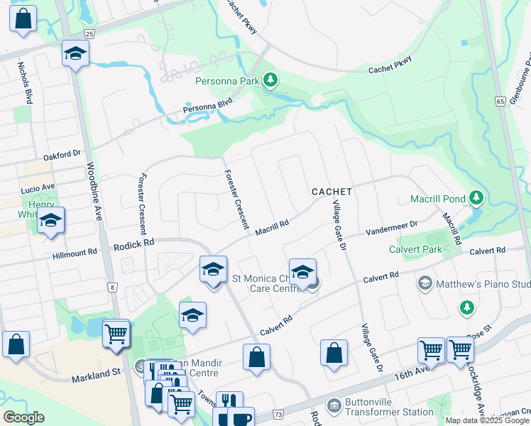 map of restaurants, bars, coffee shops, grocery stores, and more near 76 Silver Rose Crescent in Markham