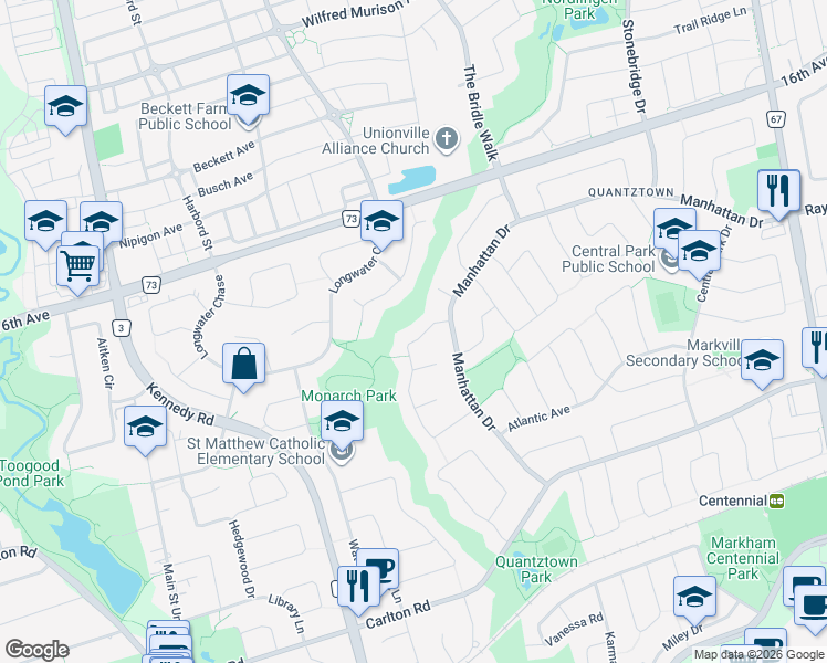 map of restaurants, bars, coffee shops, grocery stores, and more near 71 Burndenford Crescent in Markham