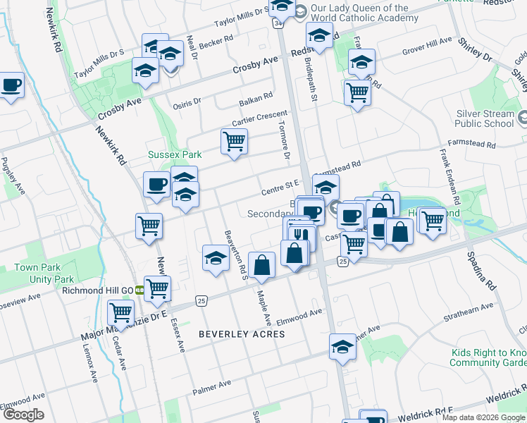 map of restaurants, bars, coffee shops, grocery stores, and more near Bent Crescent in Richmond Hill