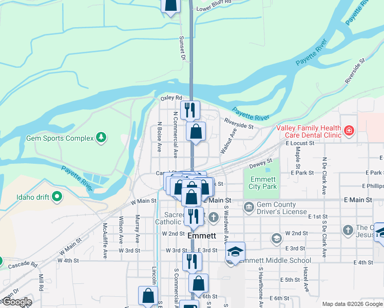 map of restaurants, bars, coffee shops, grocery stores, and more near 405 North Washington Avenue in Emmett