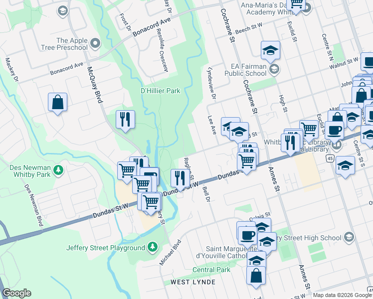 map of restaurants, bars, coffee shops, grocery stores, and more near 5 Inverlynn Way in Whitby