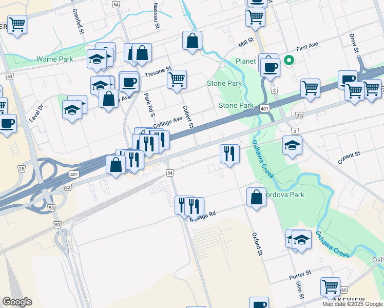 map of restaurants, bars, coffee shops, grocery stores, and more near 213 Bloor Street West in Oshawa