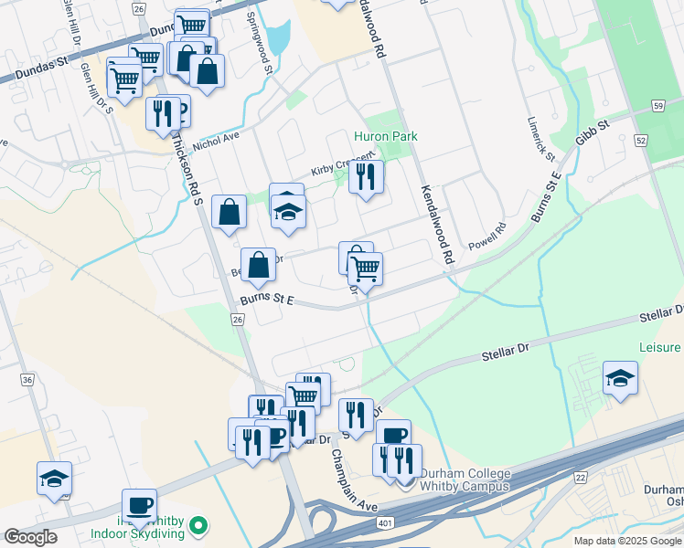 map of restaurants, bars, coffee shops, grocery stores, and more near in Whitby