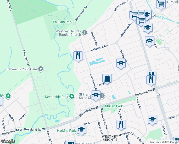 map of restaurants, bars, coffee shops, grocery stores, and more near 1127 Ravenscroft Road in Ajax
