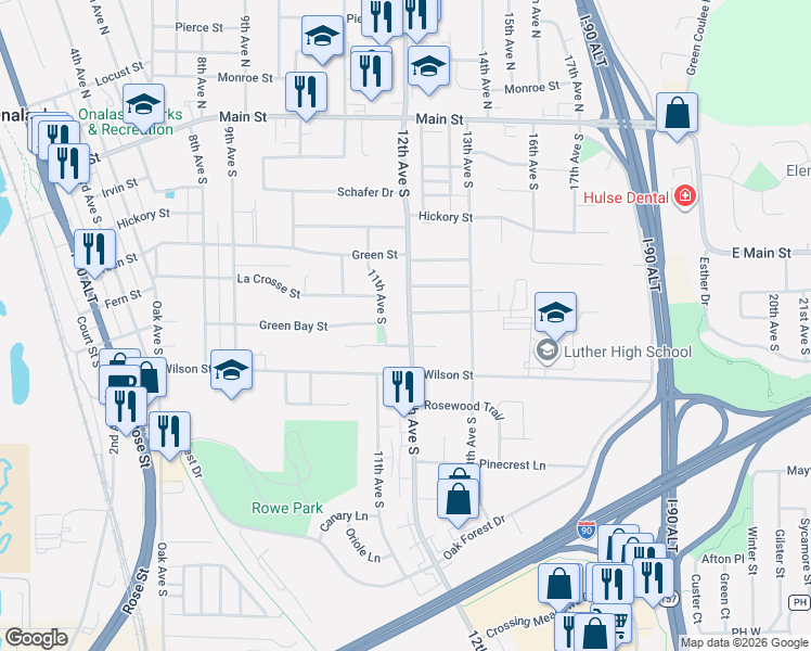 map of restaurants, bars, coffee shops, grocery stores, and more near 611 12th Avenue South in Onalaska
