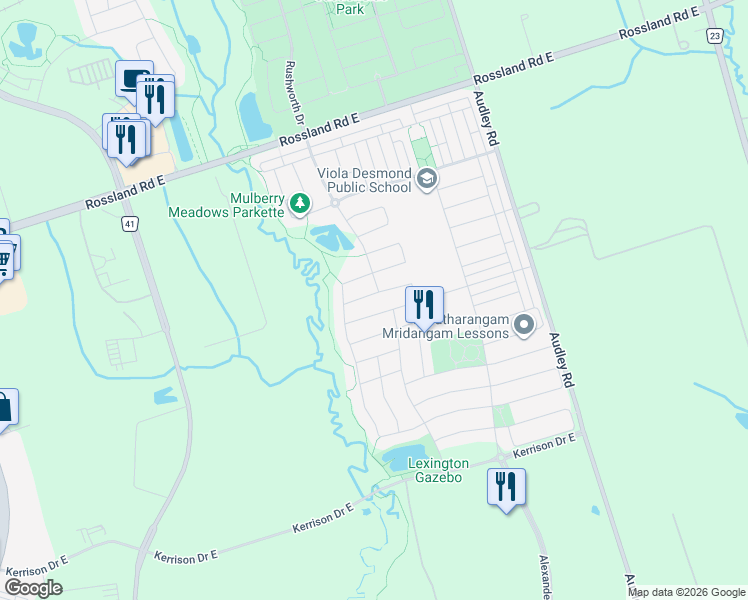 map of restaurants, bars, coffee shops, grocery stores, and more near 17 Raithby Crescent in Ajax