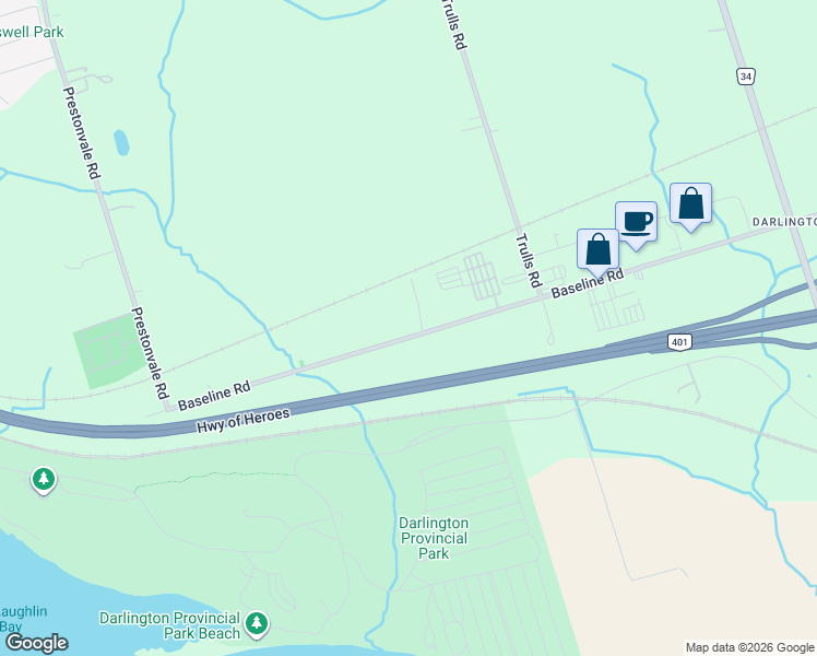 map of restaurants, bars, coffee shops, grocery stores, and more near 1608 Baseline Road West in Courtice