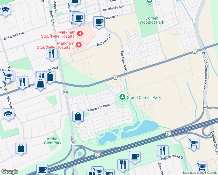 map of restaurants, bars, coffee shops, grocery stores, and more near 2 Westmeath Lane in Markham