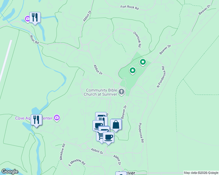 map of restaurants, bars, coffee shops, grocery stores, and more near 57394 Island Road in Sunriver