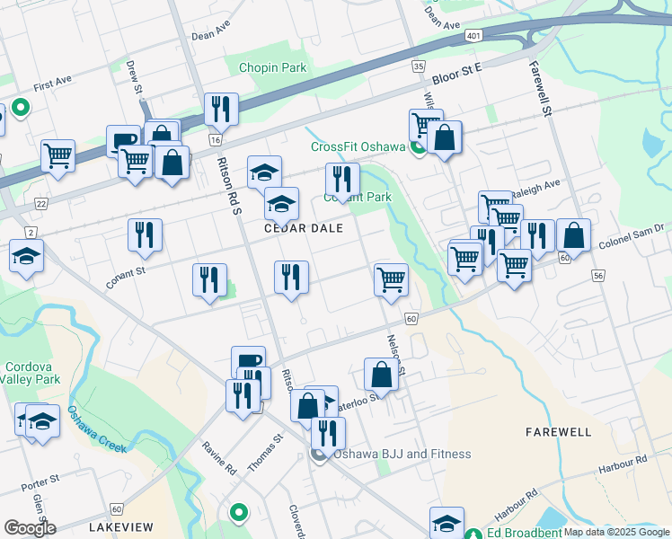 map of restaurants, bars, coffee shops, grocery stores, and more near 360 Wolfe Street in Oshawa
