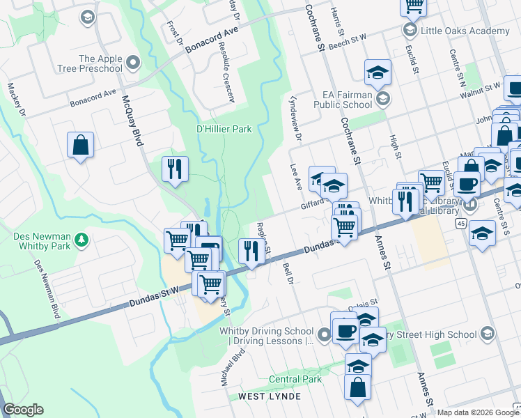 map of restaurants, bars, coffee shops, grocery stores, and more near in Whitby