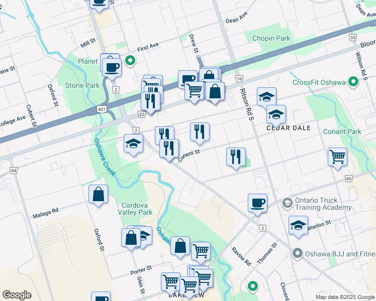 map of restaurants, bars, coffee shops, grocery stores, and more near in Oshawa