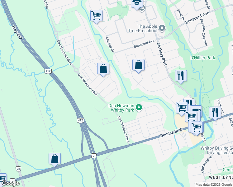 map of restaurants, bars, coffee shops, grocery stores, and more near 8 Westfield Drive in Whitby
