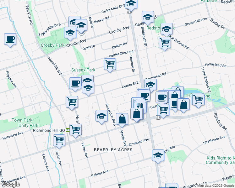map of restaurants, bars, coffee shops, grocery stores, and more near 28 Benfer Road in Richmond Hill