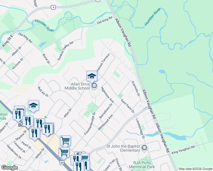 map of restaurants, bars, coffee shops, grocery stores, and more near 36 Highmore Avenue in Caledon