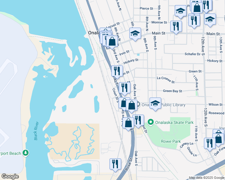 map of restaurants, bars, coffee shops, grocery stores, and more near 528 South Court Street in Onalaska