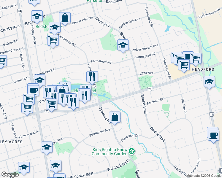 map of restaurants, bars, coffee shops, grocery stores, and more near 200 Kimono Crescent in Richmond Hill