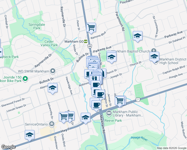map of restaurants, bars, coffee shops, grocery stores, and more near 128 Main Street North in Markham