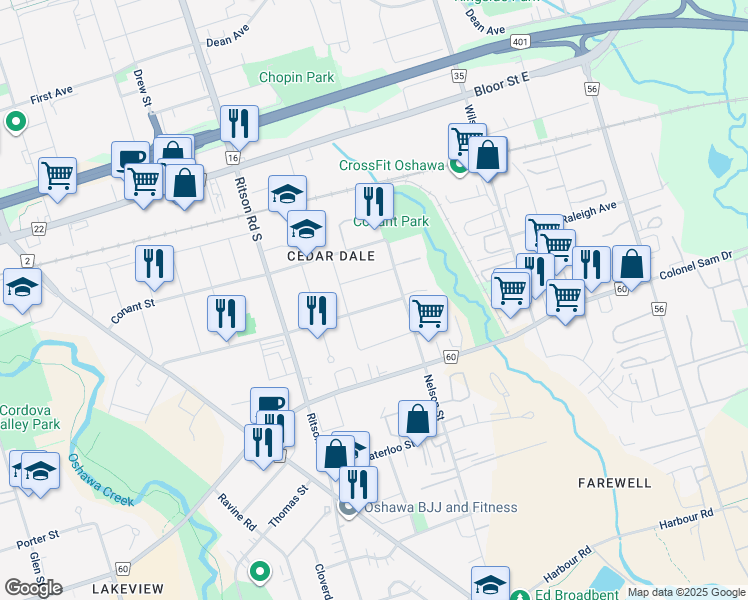 map of restaurants, bars, coffee shops, grocery stores, and more near 368 Wolfe Street in Oshawa