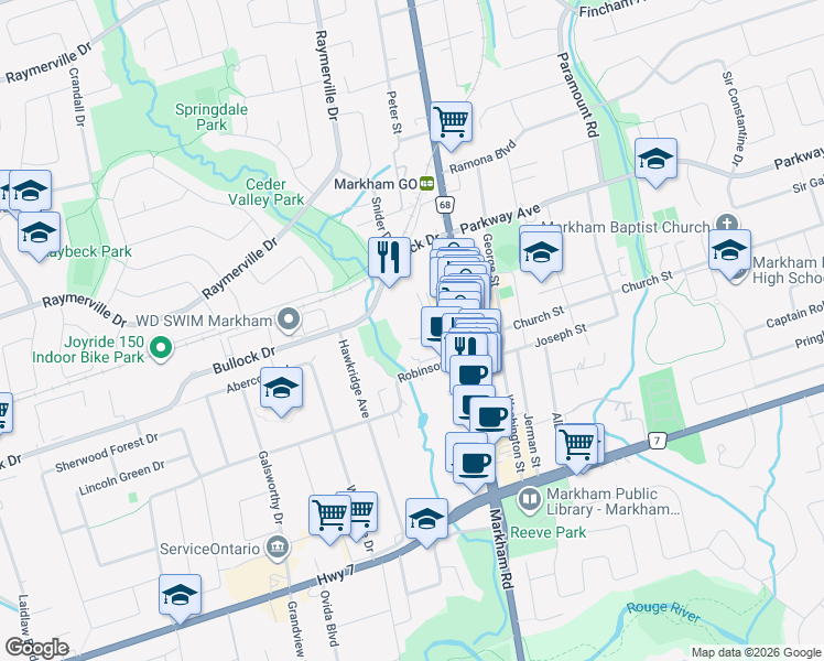 map of restaurants, bars, coffee shops, grocery stores, and more near 30 Wilson Street in Markham