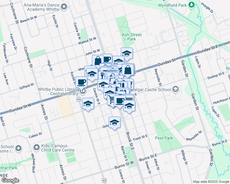 map of restaurants, bars, coffee shops, grocery stores, and more near 231 Brock Street South in Whitby