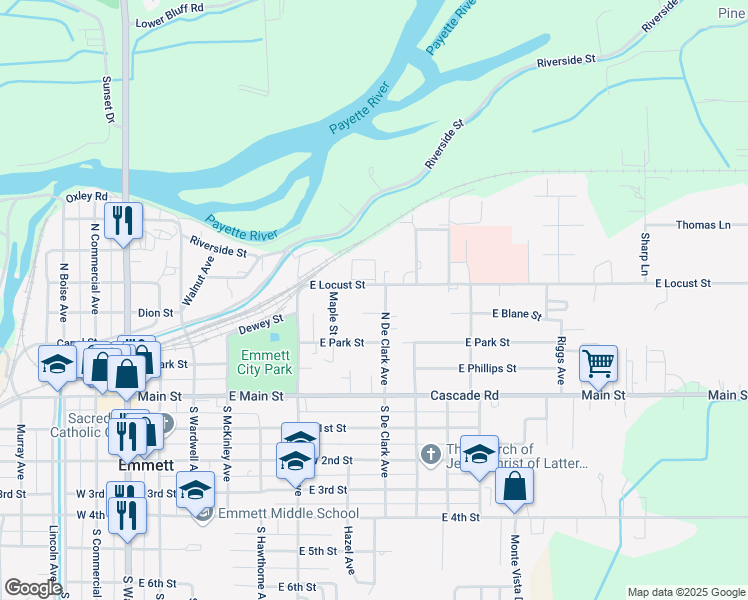 map of restaurants, bars, coffee shops, grocery stores, and more near 817 Terry Drive in Emmett