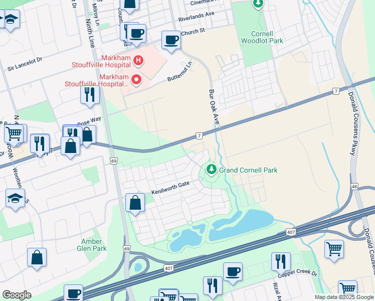 map of restaurants, bars, coffee shops, grocery stores, and more near 3 Kalvinster Drive in Markham