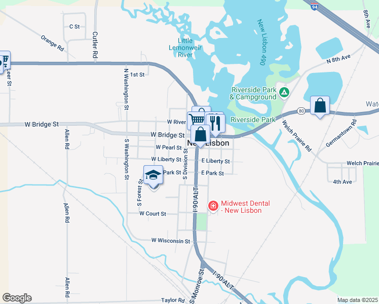 map of restaurants, bars, coffee shops, grocery stores, and more near 308 Wisconsin 16 in New Lisbon