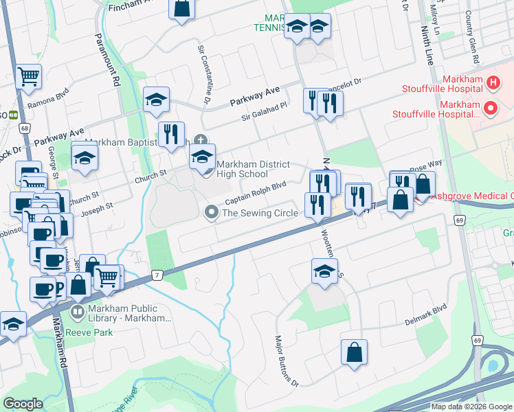 map of restaurants, bars, coffee shops, grocery stores, and more near 75 Pringle Avenue in Markham