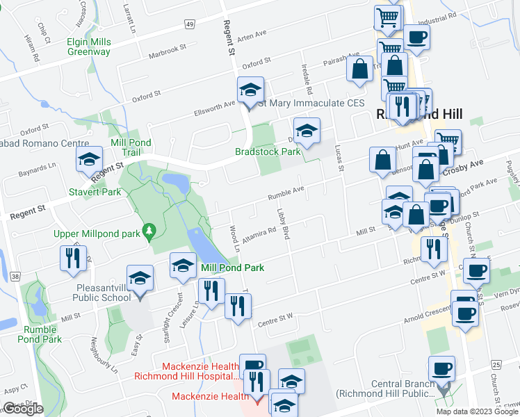 map of restaurants, bars, coffee shops, grocery stores, and more near 147 Chassie Court in Richmond Hill