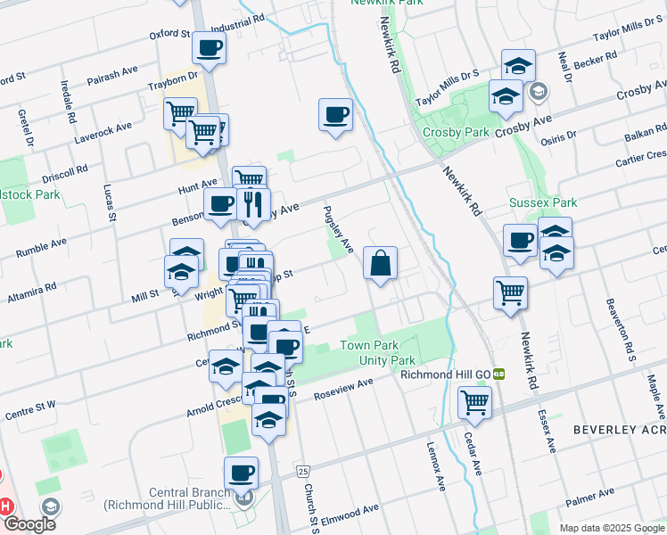 map of restaurants, bars, coffee shops, grocery stores, and more near 116 Dunlop Street in Richmond Hill
