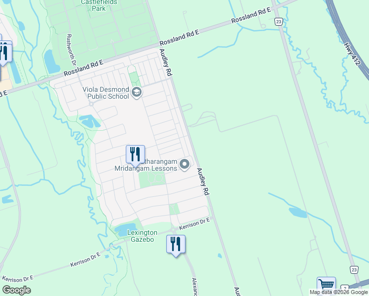 map of restaurants, bars, coffee shops, grocery stores, and more near 13 Devineridge Avenue in Ajax
