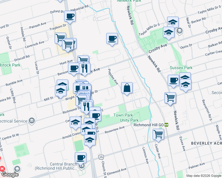 map of restaurants, bars, coffee shops, grocery stores, and more near 116 Dunlop Street in Richmond Hill