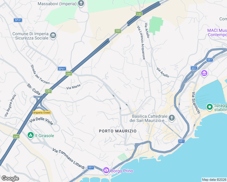 map of restaurants, bars, coffee shops, grocery stores, and more near 8 Strada Colla in Imperia