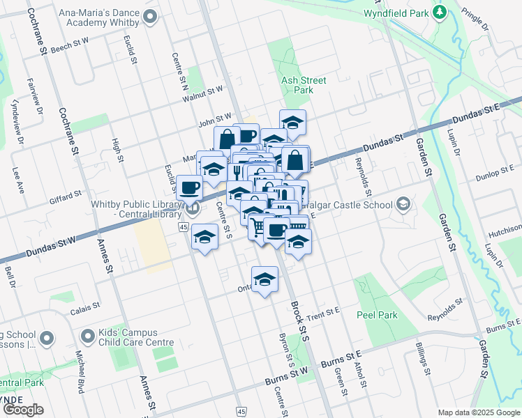 map of restaurants, bars, coffee shops, grocery stores, and more near 200 Brock Street South in Whitby