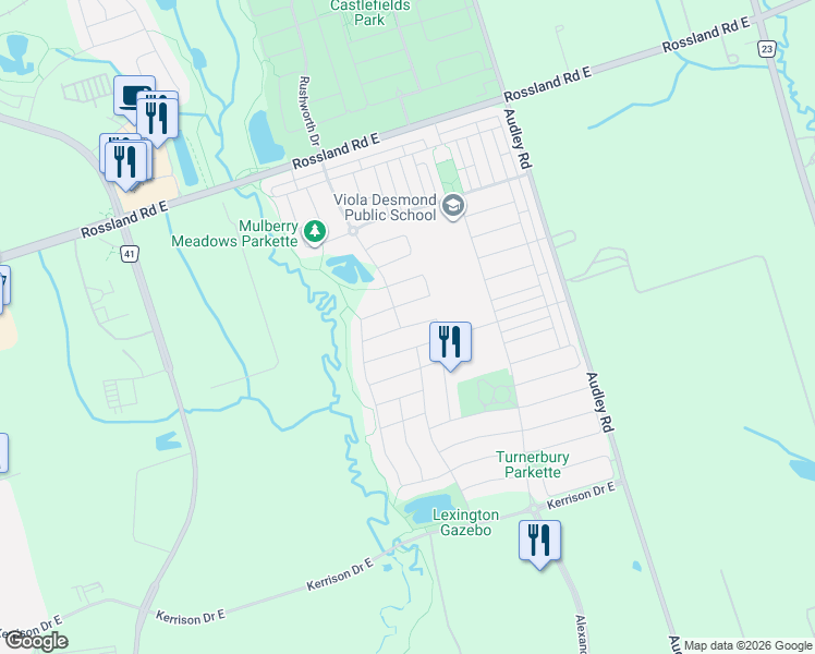 map of restaurants, bars, coffee shops, grocery stores, and more near 17 Raithby Crescent in Ajax