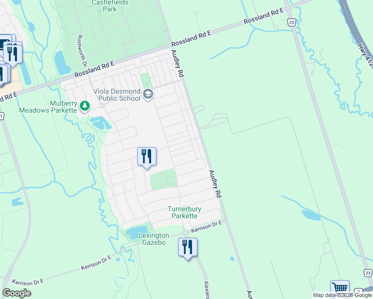 map of restaurants, bars, coffee shops, grocery stores, and more near 30 Camilleri Road in Ajax
