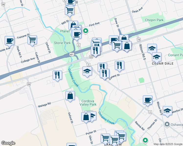 map of restaurants, bars, coffee shops, grocery stores, and more near in Oshawa