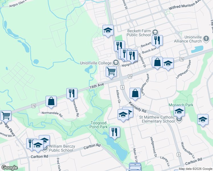 map of restaurants, bars, coffee shops, grocery stores, and more near 8 Roverdale Court in Markham
