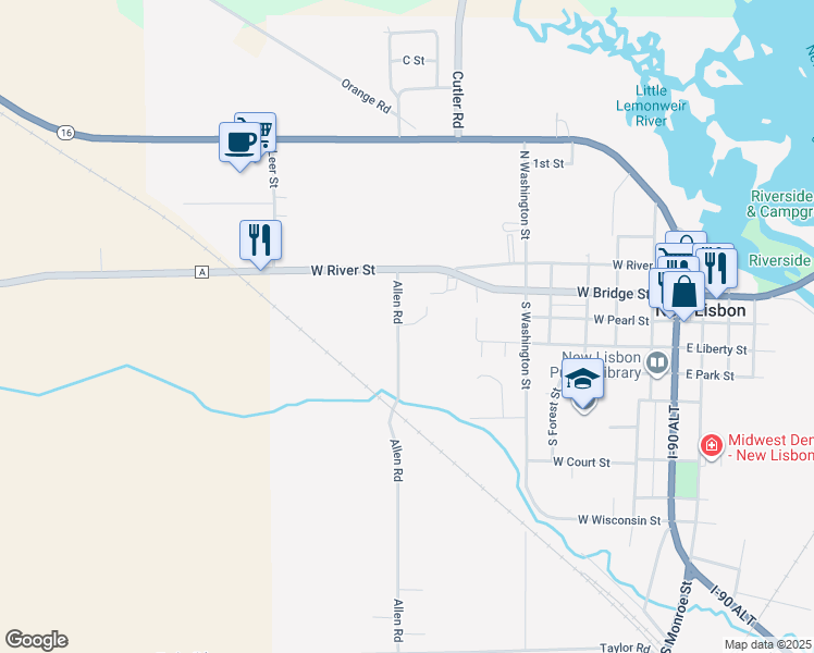 map of restaurants, bars, coffee shops, grocery stores, and more near 205 Allen Road in New Lisbon
